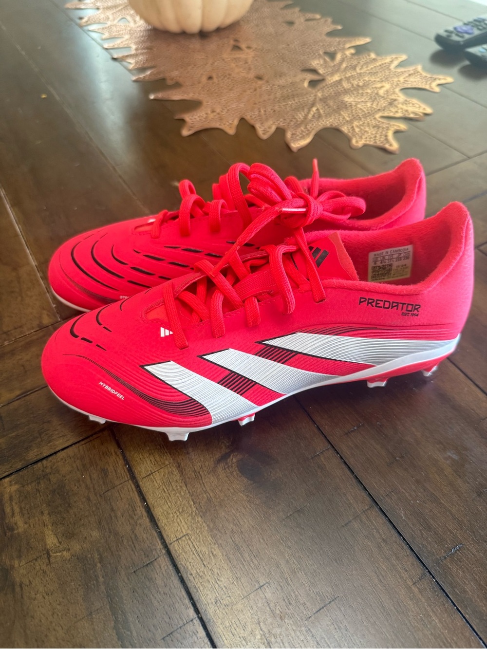 New Adidas Kids Predator Soccer Cleats in Bright Red/Orange with White Stripes
